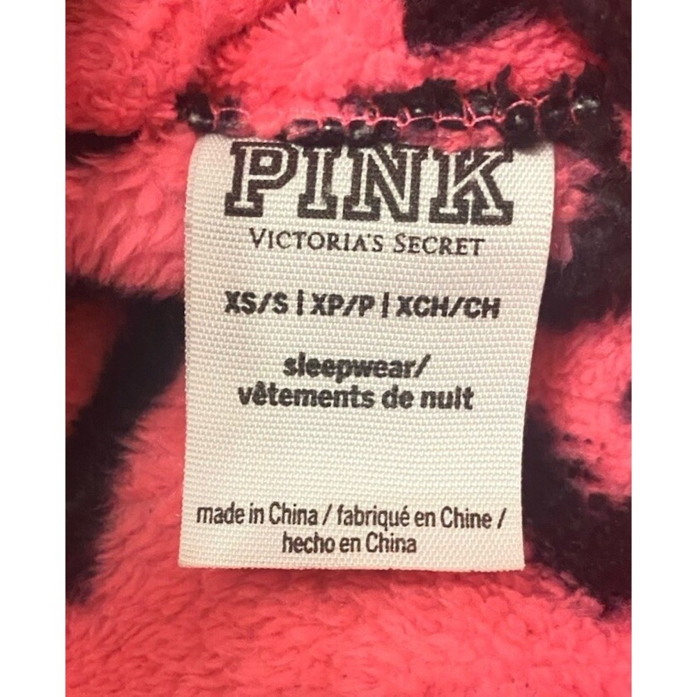 Victorias Secret PINK Womens Plush Robe Hot Pink & Black All Over Logo XS Comfy - Picture 4 of 5